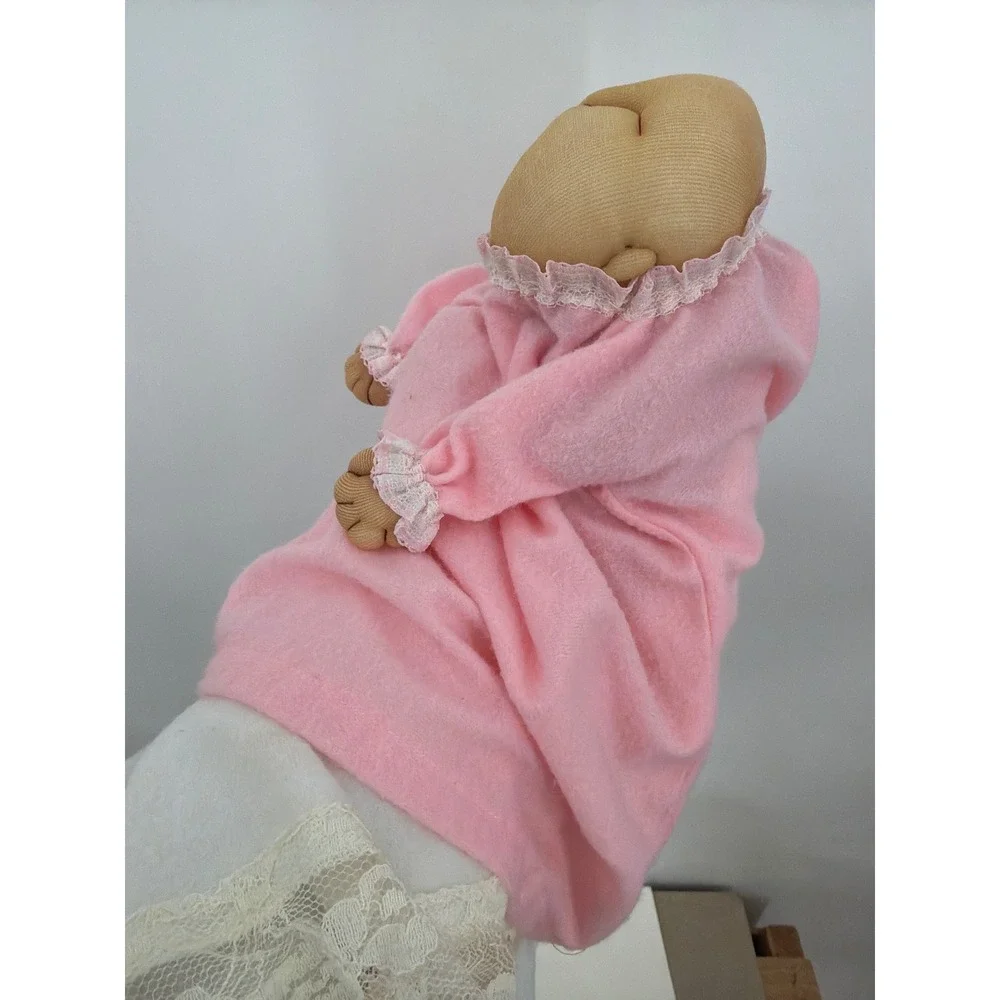 Vintage Soft Sculpture Sleeping Baby Hand Puppet Pink Fleece Lace Handkerchief
